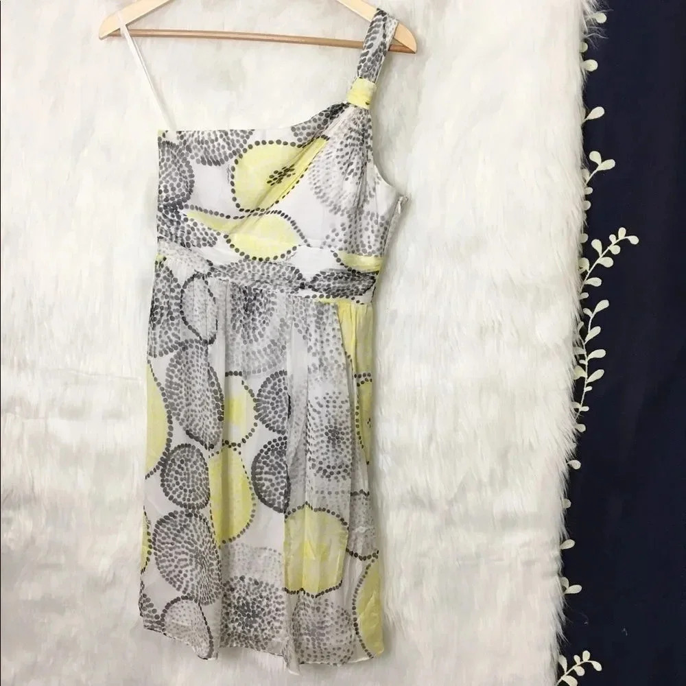 Milly Womens Size 4 Silk One Shoulder Yellow Grey Polka Dot Circle Pattern Dress